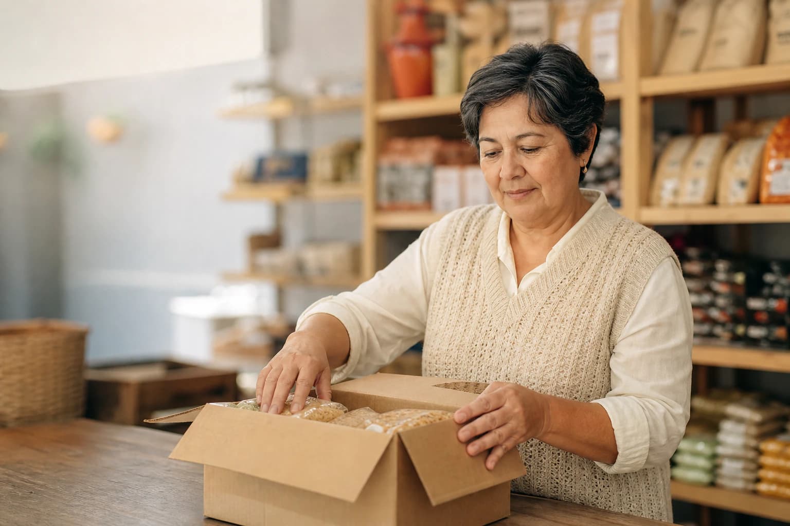 La dueña de una distribuidora revisando una caja de mercancía recién llegada, en su almacén