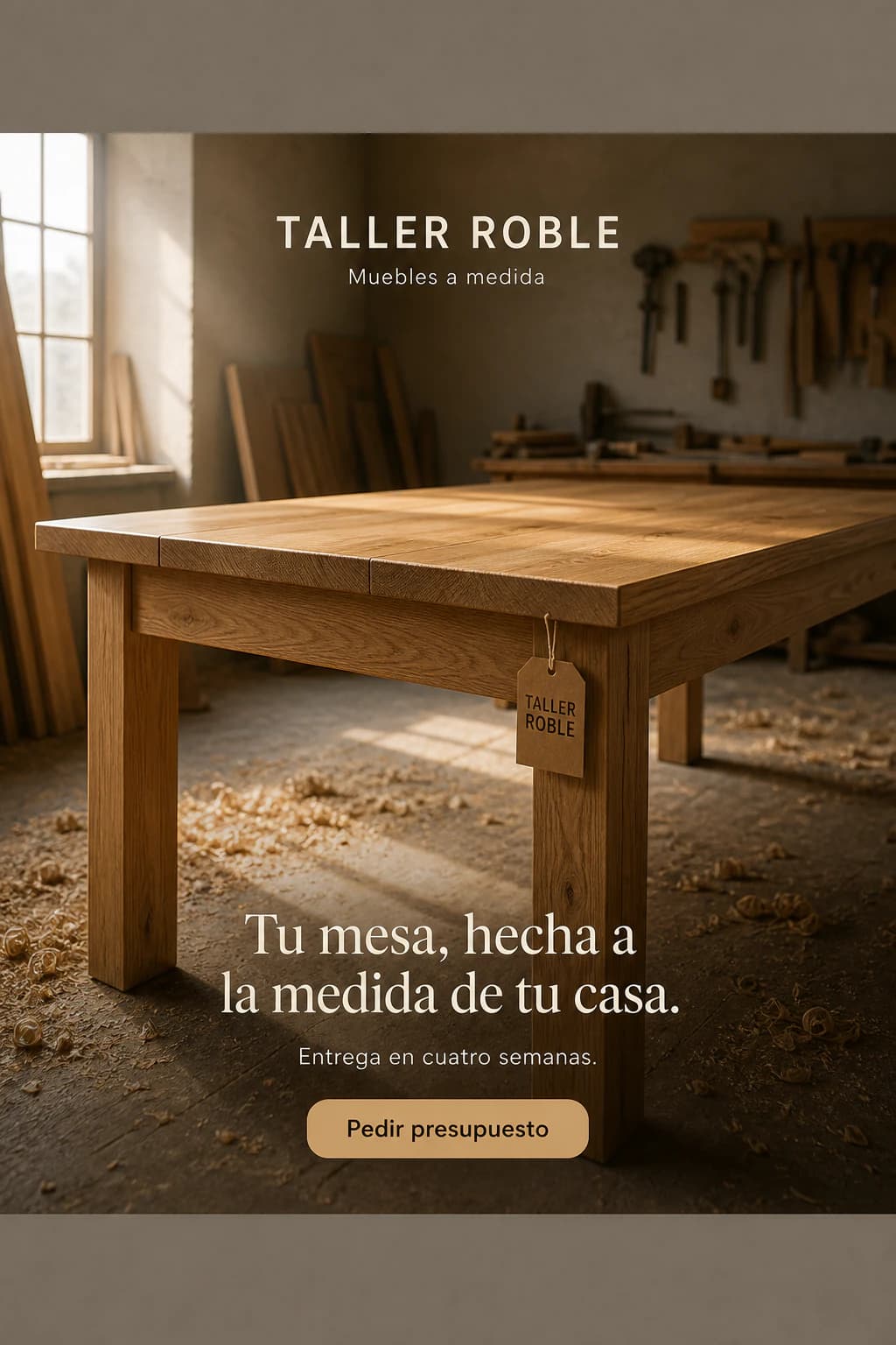 Anuncio de una carpintería: mesas a medida