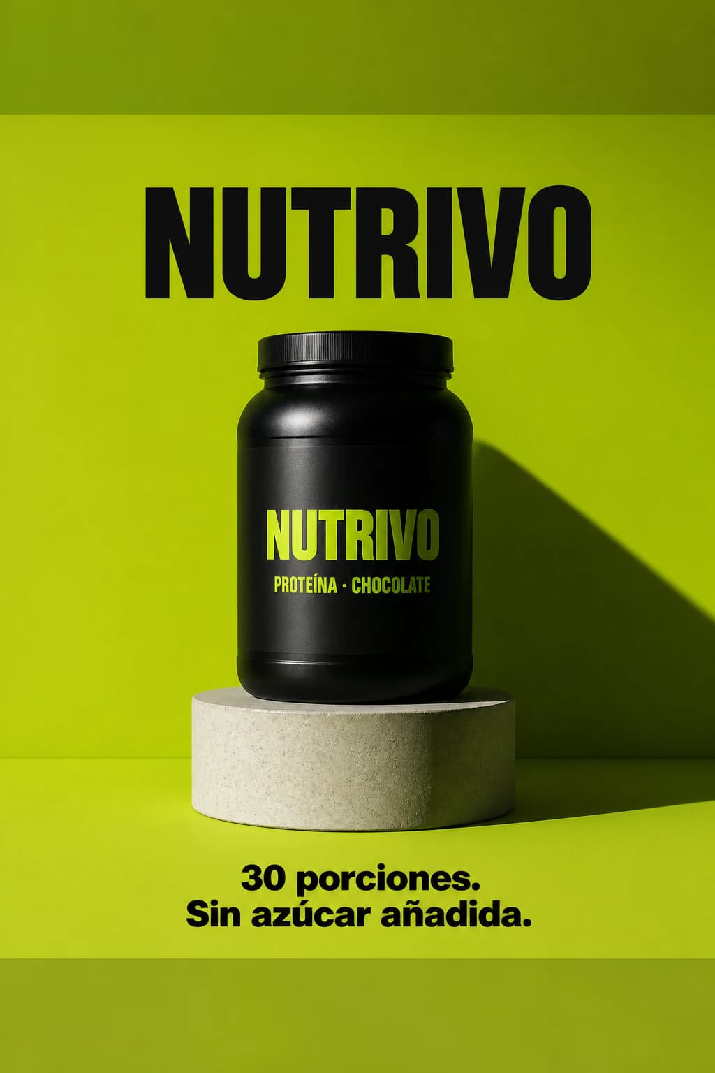 Foto de producto de un bote de proteína sobre fondo verde lima