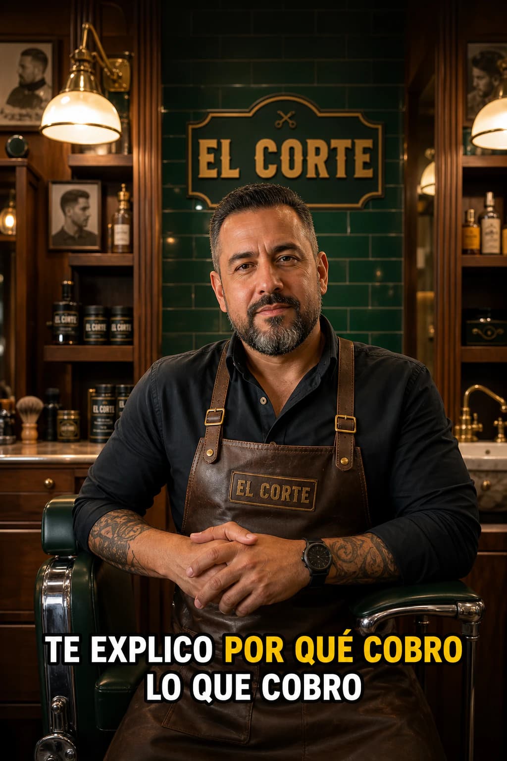 El dueño de una barbería habla a cámara, con subtítulo en pantalla