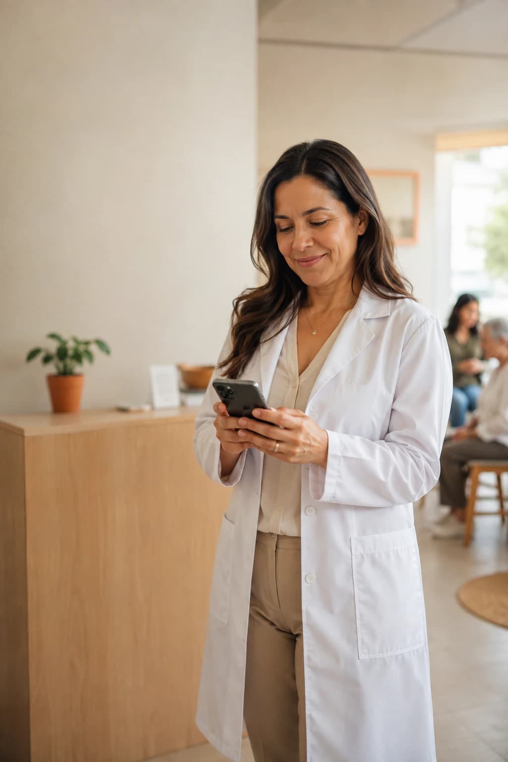 Una doctora, apoyada en el mostrador de la clínica, revisa el teléfono mientras dos pacientes esperan detrás