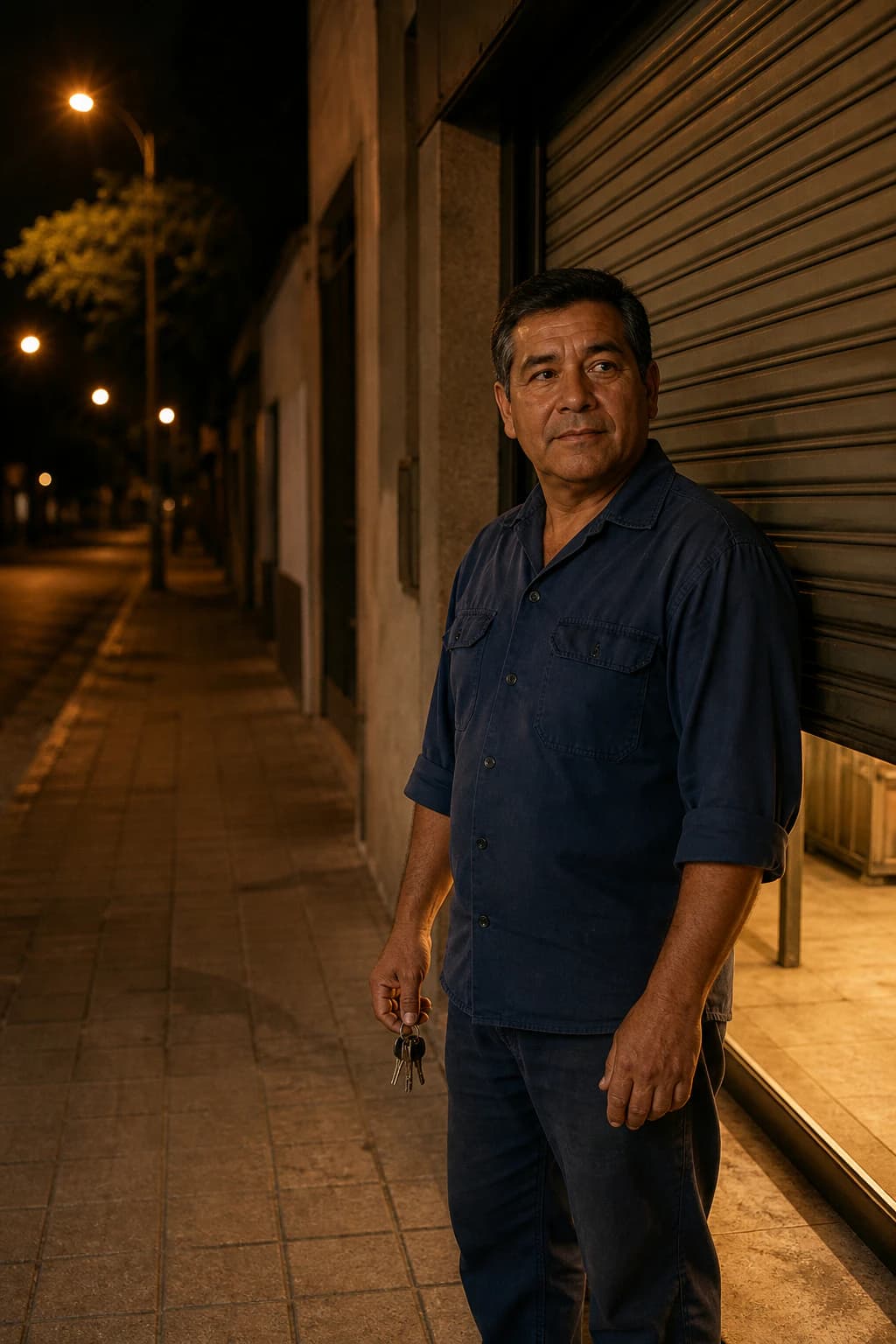 El dueño de un taller mecánico baja la persiana de su local ya de noche