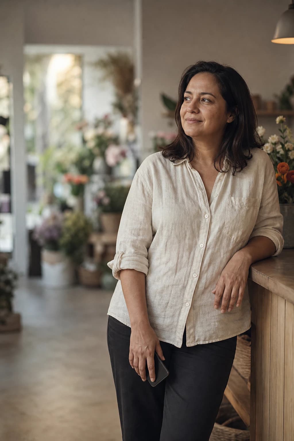 La dueña de una floristería, apoyada en el mostrador de su tienda