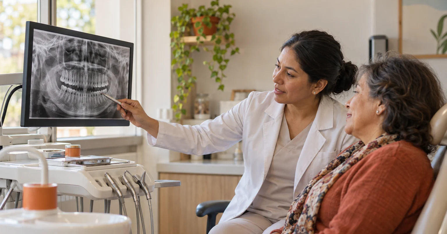 Una odontóloga le explica a su paciente una radiografía panorámica en el monitor del consultorio